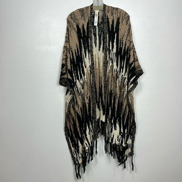 Chico’s Shawl One Size Knit Black, Tan & Gold Sequin Long Line Fringe Shrug - Picture 1 of 6